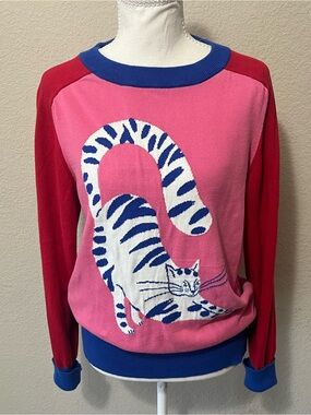 Vintage OXKnit Stretching Cat Colorblock Retro Intarsia Graphic Knit Sweater XL